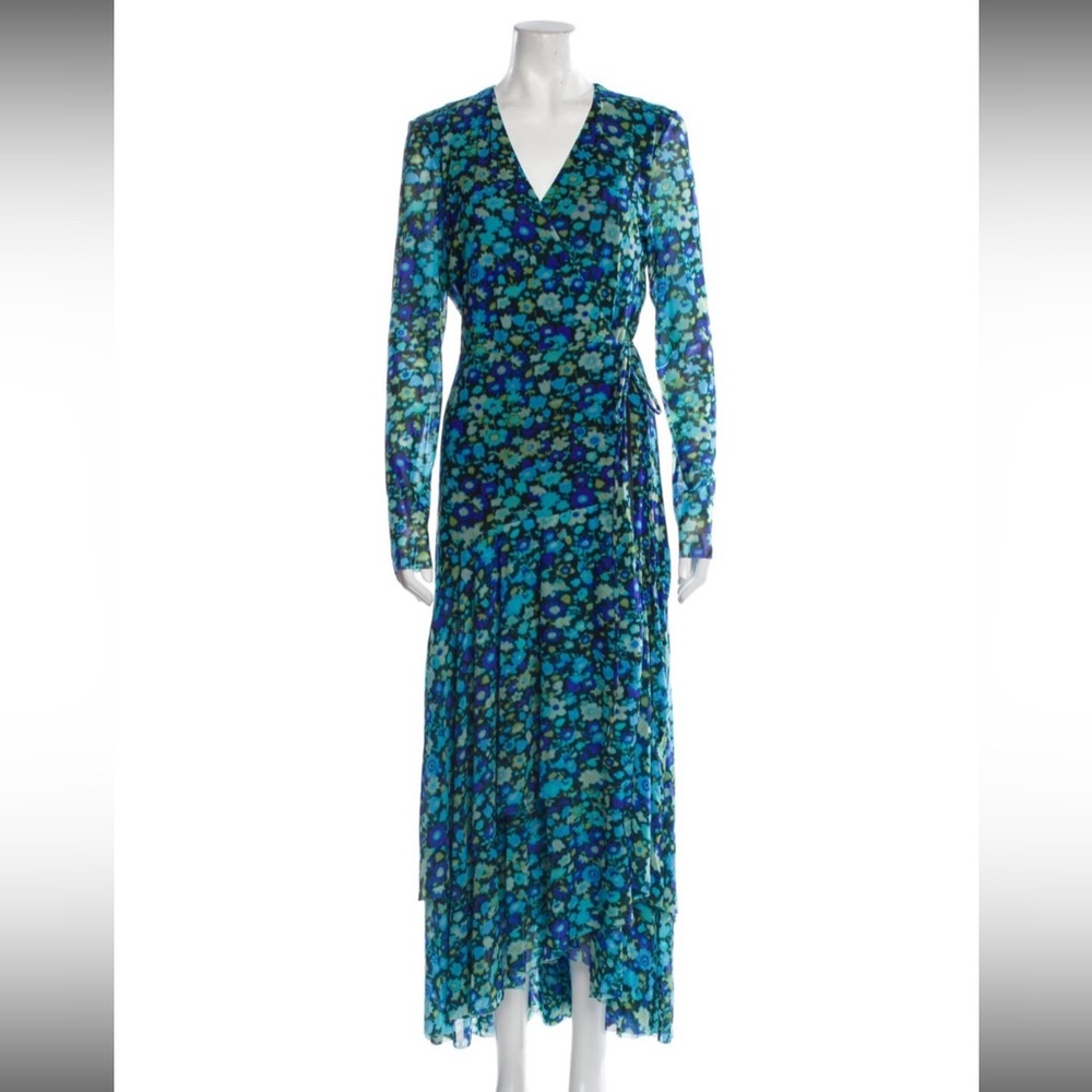 Floral Blue and Green GANNI mesh wrap Women's Dress